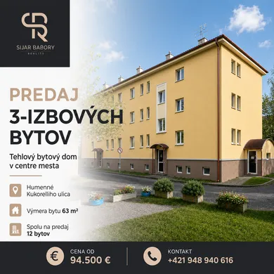 Mieszkania na sprzedaż, 3-pokojowe, Humenné · €94 500