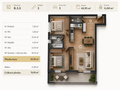 Na predaj 3-izbový byt, 66 m², Bratislava-Podunajské Biskupice