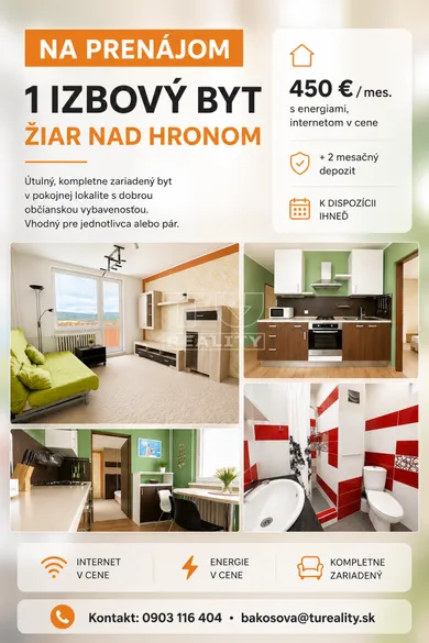 Mieszkania na wynajem, 1-pokojowe, Žiar nad Hronom · €450