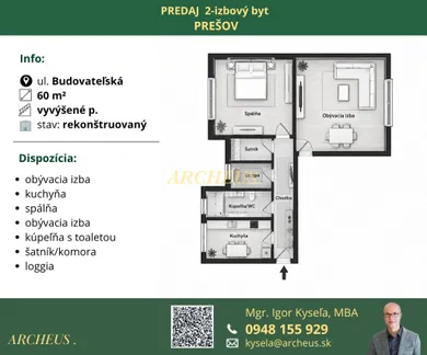 Na predaj 2-izbový byt, 60 m², Prešov, Budovateľská
