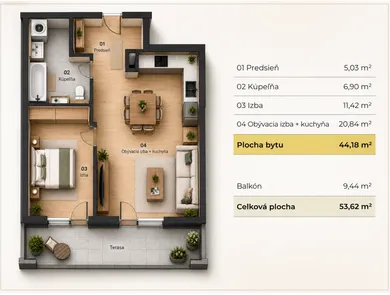 Na predaj 2-izbový byt, 44 m², Bratislava-Podunajské Biskupice