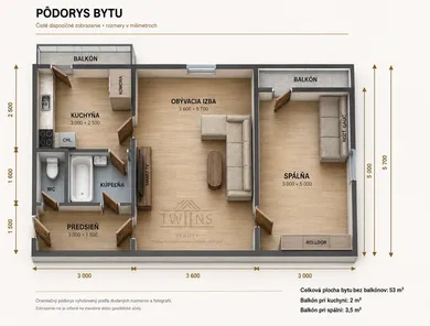 Na prenájom 2-izbový byt, 53 m², Bratislava-Nové Mesto, Sibírska