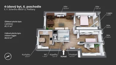 Na predaj 4-izbový byt, 81 m², Piešťany, E. F. Scherera