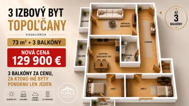 Mieszkania na sprzedaż, 3-pokojowe, Topoľčany · €129 900