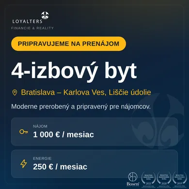 Квартиры в аренду, 4-комнатные, Bratislava-Karlova Ves · €1 000