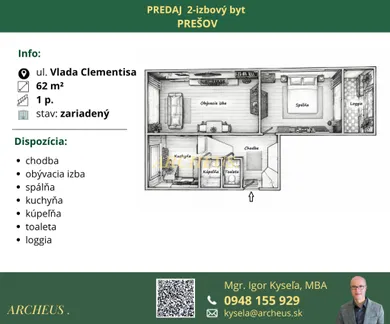 Na predaj 2-izbový byt, 62 m², Prešov, Vlada Clementisa