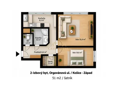 Na predaj 2-izbový byt, 51 m², Košice-Západ, Orgovánová 2