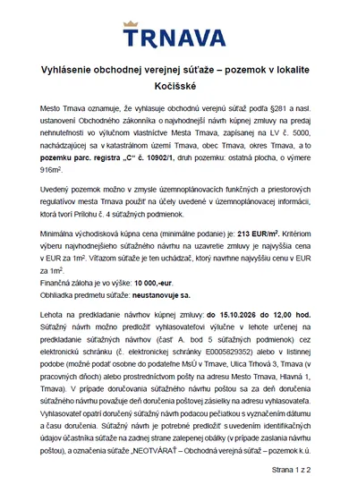 Na predaj pozemok, 916 m², Trnava, Rekreačná